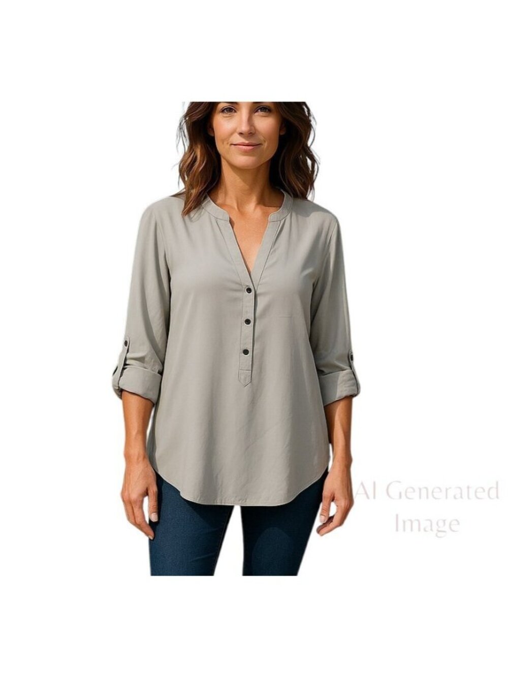 Adrianna Papell Women Gray V-Neck Roll Tab Sleeves Round Hem Tunic Top Size L